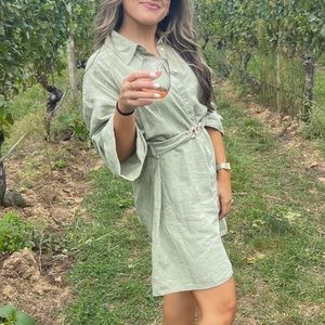 Green casual dress linen with belt